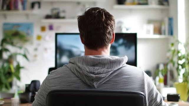 Man working on a pc computer at home