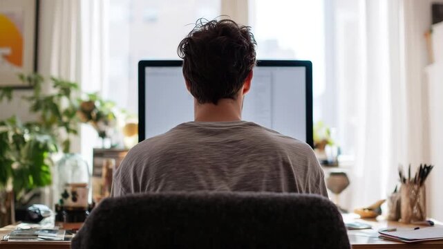 Man working on a pc computer at home