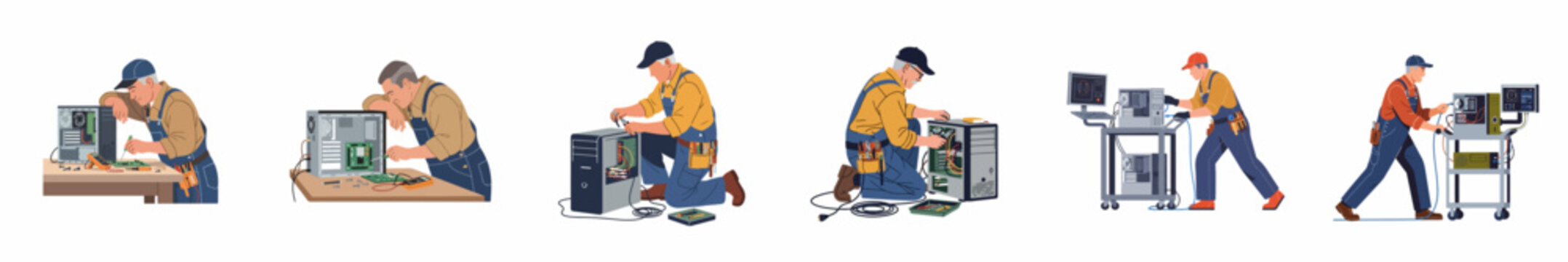 Professional computer technician repairing hardware and assembling desktop computers, set of flat vector illustrations on white background.