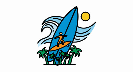 Fototapeta premium Surfer riding a surfboard on a wave with palm trees and sun.