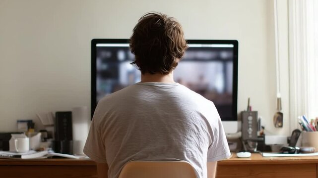 Man working on a pc computer at home