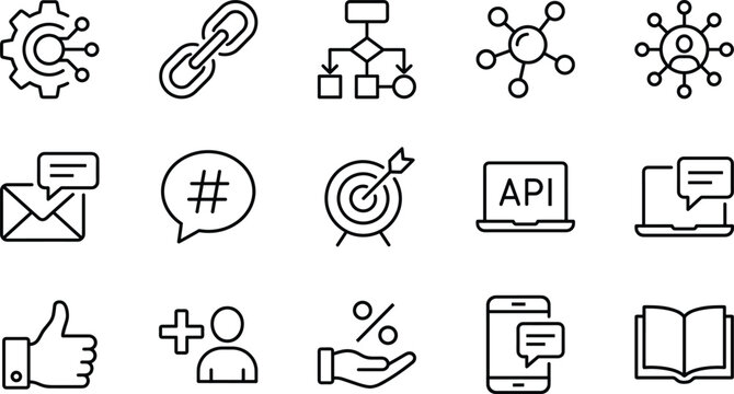 Collection of linear outline icons representing digital marketing, api technology, social networking, business communication, and web development process symbols.