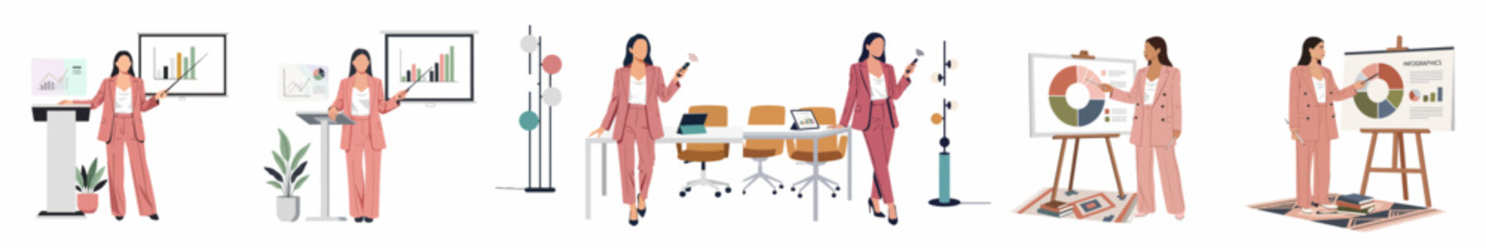 Set of professional business woman illustrations in a pink suit presenting data charts and infographics in office environments, flat vector style.