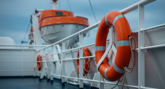 Lifebuoy on ship railings safety equipment on deck during cloudy weather