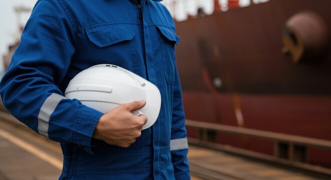 Worker holding white safety helmet near shipyard wearing blue protective coverall uniform