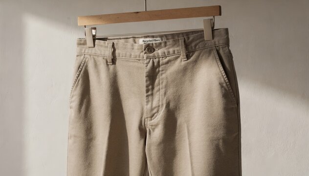 Medium shot highlighting blended fiber recycled twill chinos emphasizing soft feel and sustainable fabric composition for responsible style.