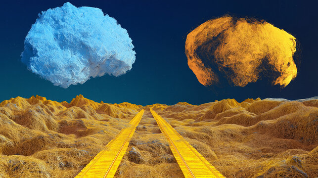 Surreal artwork showing two giant textured clouds, one blue and one orange, above a golden landscape with two parallel yellow pathways stretching into the horizon.