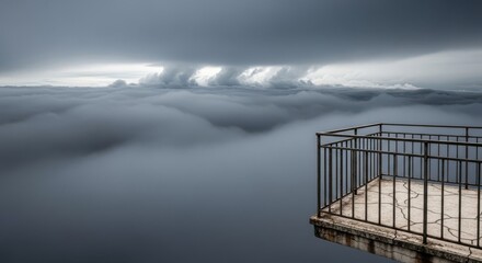 Obraz premium An isolated balcony overlooks a heavy expanse of gray clouds. The environment feels deeply somber, quiet, and filled with a sense of gloom, railing, gloomy, horizon