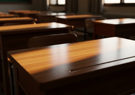 An empty wooden desk sits under the dim light of a quiet classroom during late afternoon, reflecting a sense of loneliness and isolation, chalk, dark, atmosphere