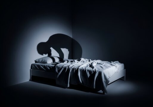 An unmade bed sits in a small, dimly lit room. A bowed shadow rests on the edge, surrounded by shadows and a heavy, somber atmosphere, home, unmade, soft