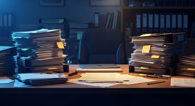 An untidy office desk overflowing with stacks of paper and folders under dim lighting, creating a mood of intense professional pressure, office, management, business