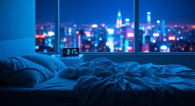 An unmade bed sits by a window overlooking a glowing city at night, featuring a digital clock showing a late hour under cold blue lighting, insomnia, cold, glowing