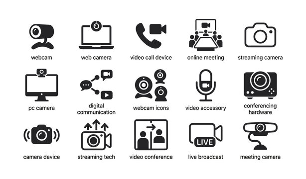 Video communication icons set: cameras, conferences, digital communication tools