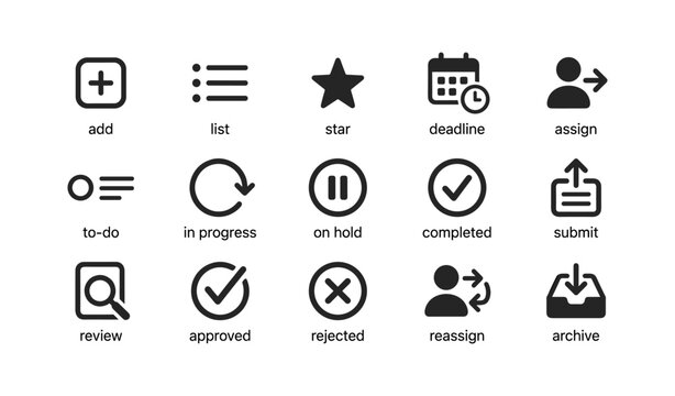 Simple black and white task management icons set
