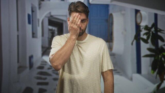 Man with beard in beige striped t shirt holds hand over one eye near blue door and white alley wall on street; thoughtful reflection solitude.