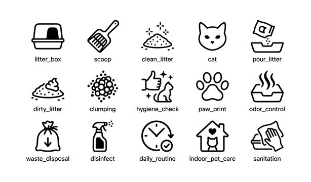 Cat care essentials: litter box, cleanliness, hygiene, indoor pet care, odor control icons