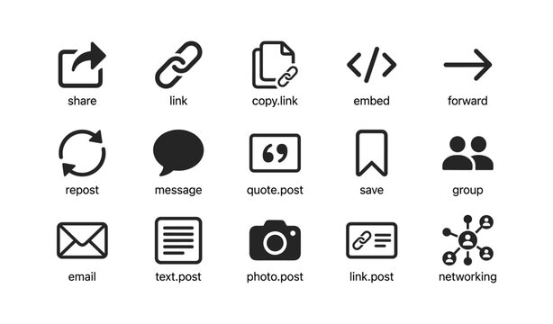Communication and sharing icon set for digital media interfaces