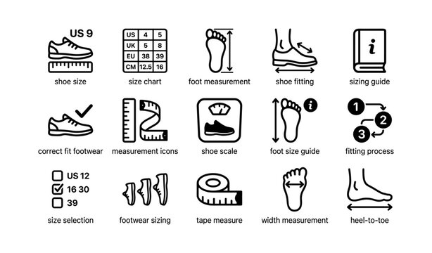 Shoe size guide icons featuring foot measurement and fitting process