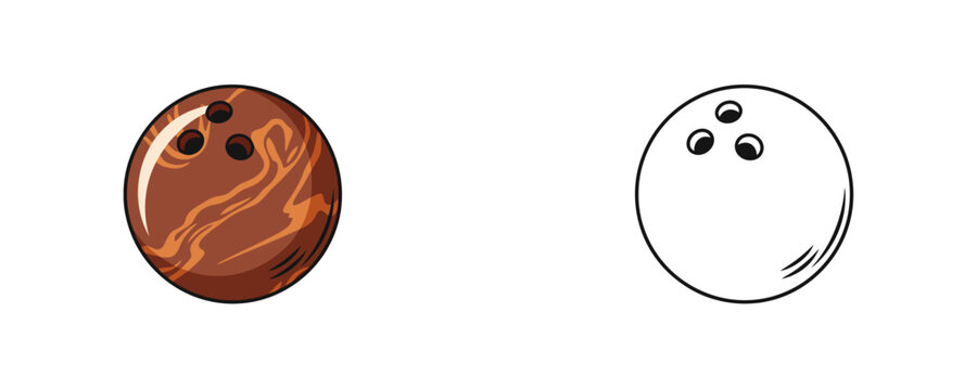 Bowling ball in flat cartoon and black line style in brown and white colors representing professional sports equipment for hobby and leisure activities on white background