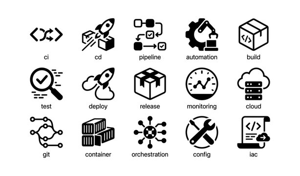 Devops icons: ci cd pipeline automation and cloud monitoring tools