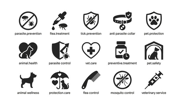 Pet health protection icons for parasite prevention and veterinary care
