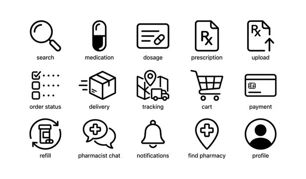 Healthcare app icons: search, prescription, delivery, notifications, profile