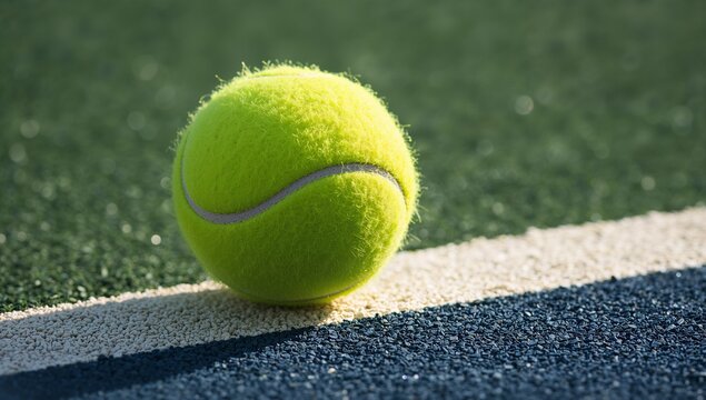 Close up of tennis ball on court line for sports match