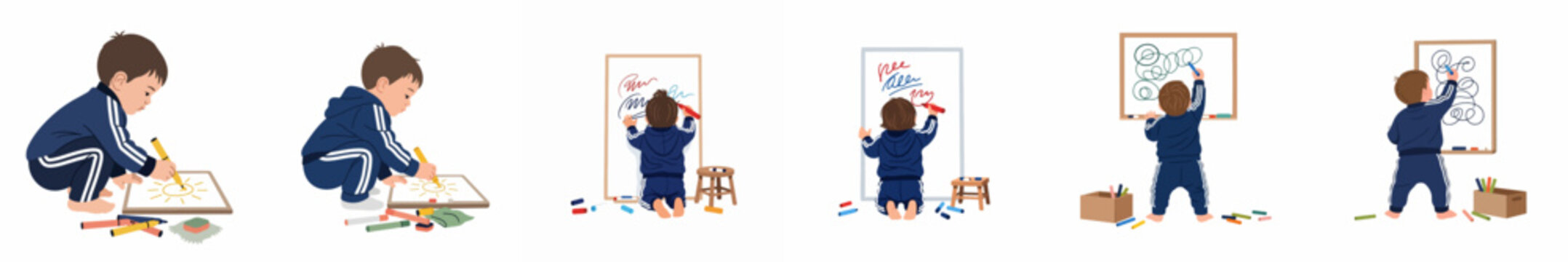 Set of illustrations showing a toddler boy in a tracksuit drawing and scribbling on boards in various stages of growth and poses.