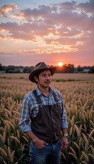 Fototapeta premium Farmer admiring a vibrant sunset over a golden wheat field, peaceful twilight moment