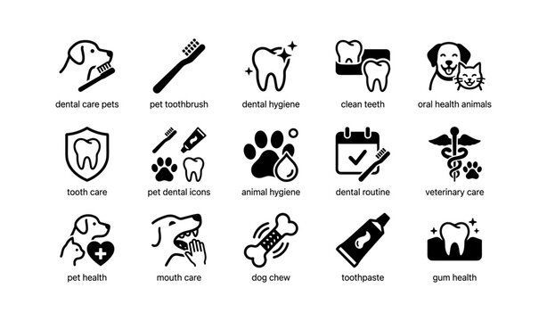 Dental care icons for pets and humans - hygiene, oral health, veterinary symbols