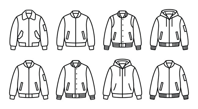 Bomber jacket and varsity coat line icons featuring hoodies flight jackets and letterman silhouettes