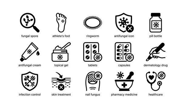 Medical icons for antifungal treatments and skin conditions including athlete's foot and ringworm