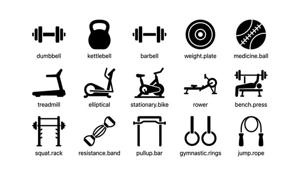 Gym equipment icons: dumbbell, kettlebell, treadmill, rower, pullup bar