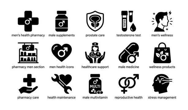 Icons depicting men's health and wellness products and services