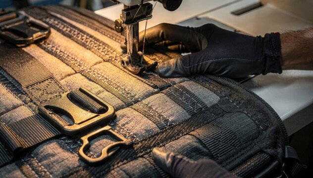 Manual operator reinforcing luggage straps by applying dense bartacks and ergonomic padding showcasing meticulous technique in travel gear assembly for lasting reliability.