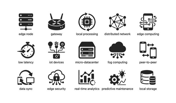 Technology icons set featuring edge computing network iot devices and security