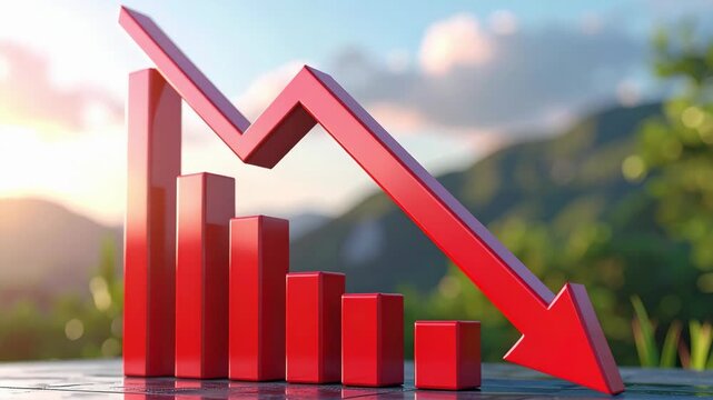 Red descending graph bars with a downward arrow, indicating a decrease in statistics, business trends, financial analysis, economic downturn.