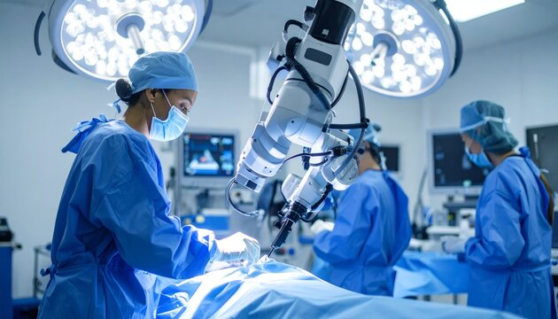 Focused Surgeon Leads Robotic-Assisted Procedure in a High-Tech Operating Room
