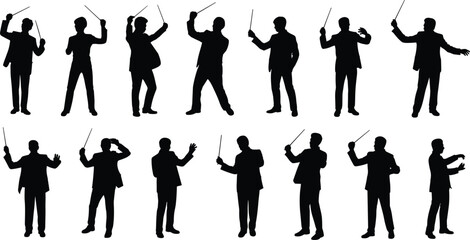 Fototapeta premium Diverse Silhouettes of Orchestra Conductors in Motion with Batons Keywords: orchestra conductor, silhouette, music, conducting