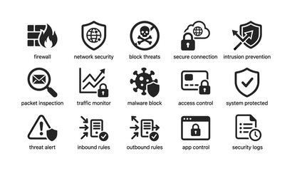 Fototapeta premium Cybersecurity icons illustrating network security and threat prevention concepts