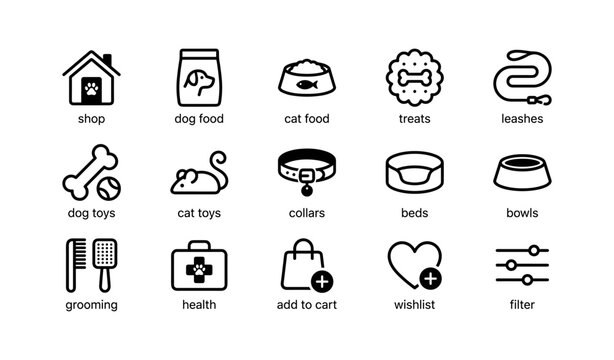 Pet shop icons: essentials for cats and dogs including food, toys, and accessories