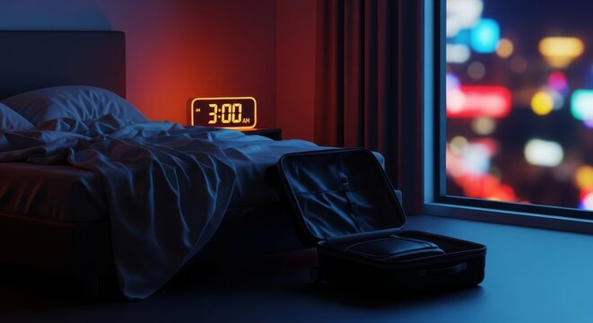 A rumpled hotel bed sits next to an open suitcase and a glowing alarm clock in a dark room with blurred city lights through the window, mood, journey, tourism