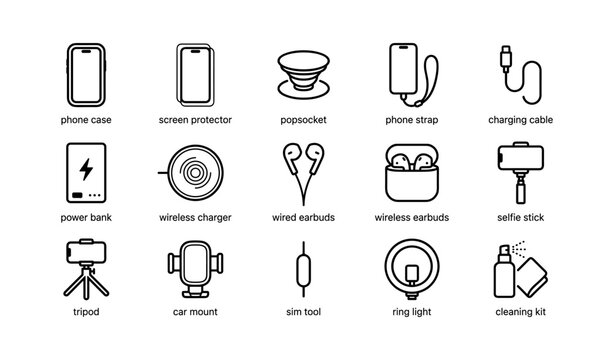 Essential smartphone accessories icons: case, charger, wireless earbuds, and more