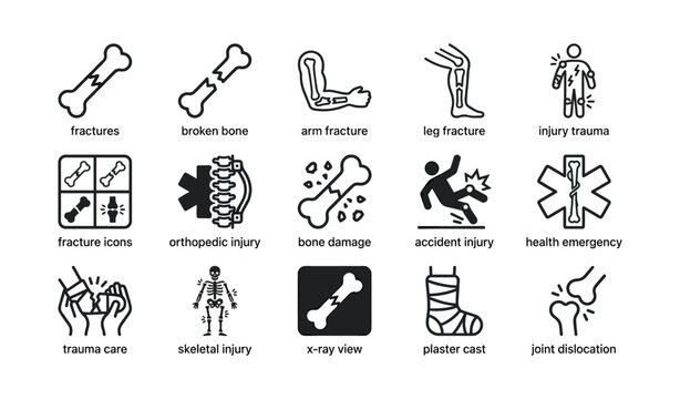 Various fracture and injury icons illustrating orthopedic trauma and emergency care