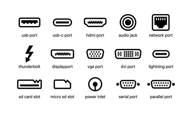 Vector icons of various computer ports and slots for digital devices