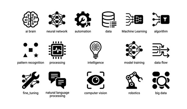 Collection of ai and machine learning icons featuring brain, data, and automation