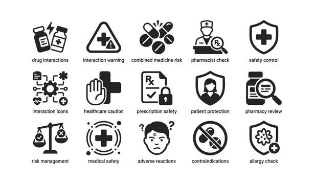 Medical safety icons for drug interactions and healthcare caution
