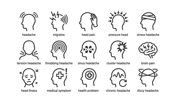Headache types icon set: symptoms and medical issues illustrated