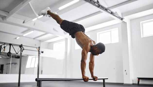 Calisthenics Mastery: Focused Athlete in a Dynamic Handstand on Parallel Bars