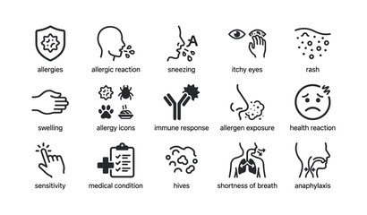Fototapeta premium Allergy symptoms and reactions icons - sneezing, itchy eyes, rash, swelling, breath shortness